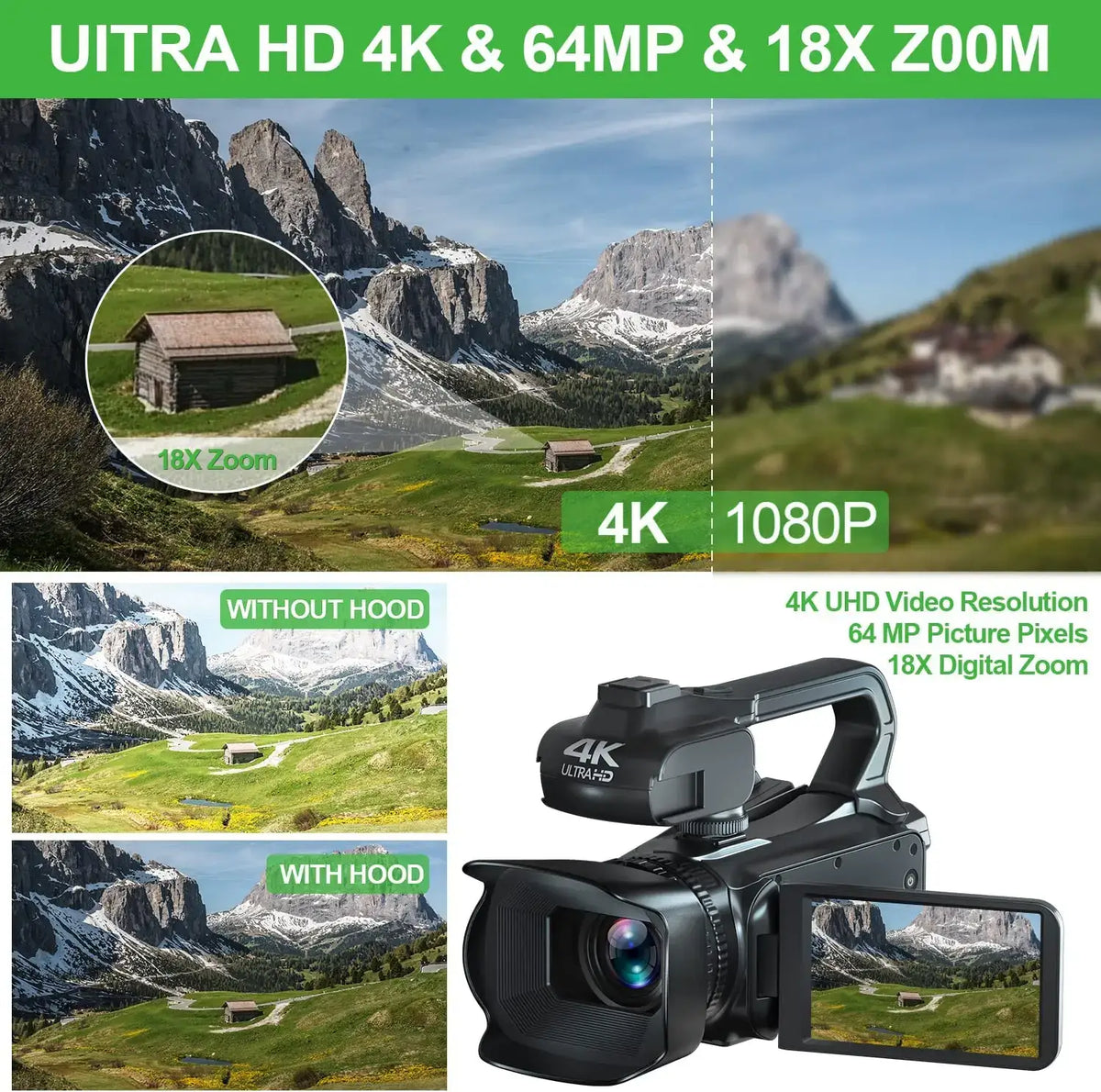 WIFI-Camcorder, 4K-Videokamera, 64 MP, 60 FPS, HD, Autofokus, Vlogging, 4,0-Zoll-Touchscreen, 18-facher Zoom für Live-Streaming