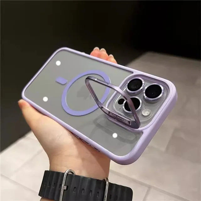 For iPhone 15 Pro Max Luxury Magsafe Magnetic Lens Holder Stand Phone Case For iPhone 12 13 14 15 16 Plus Clean Protective Cover