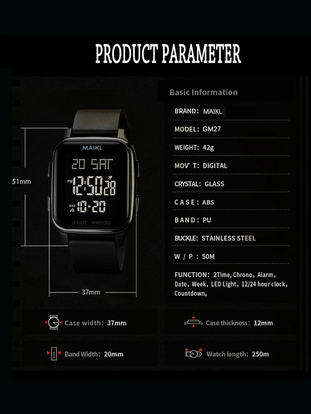 MAIKL Fashion Sports Mens Watch Waterproof Countdown Electronic Back Light Digital Wristwatches for Men Clock Reloj Hombre