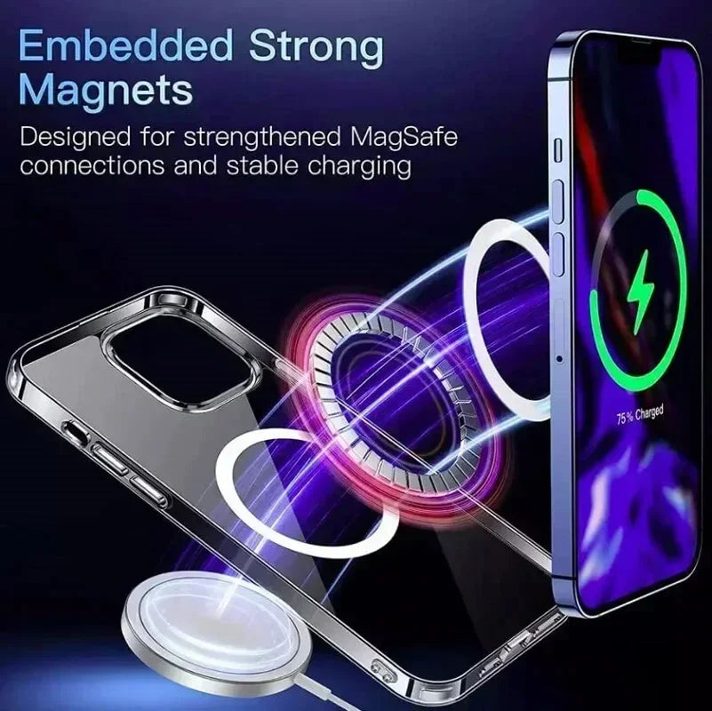 For Magesafe Magnetic Transparent Wireless Charge Case For iPhone 11 12 13 14 15 Pro Max Plus Mini X 7 8 SE Shockproof PC Cover