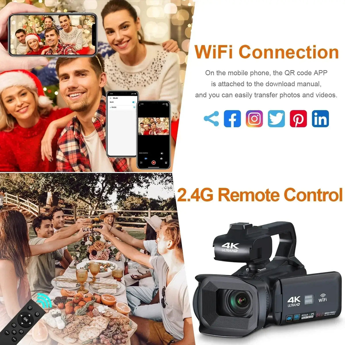 4K 60FPS Professioneller Camcorder für Fotografie 64MP WiFi Livestream Webcam Videokamera 18X Digitalzoom YouTube Vlog Recorder