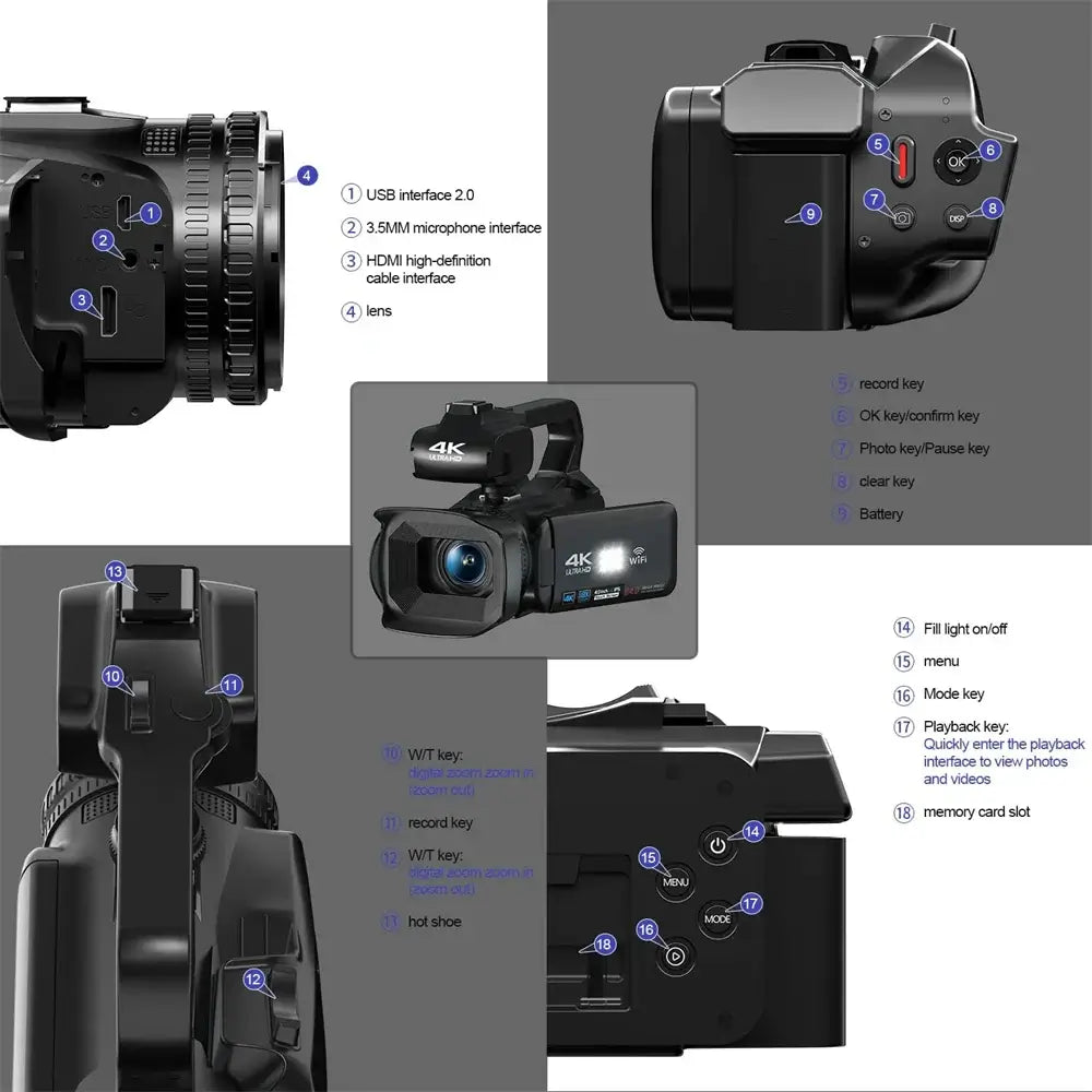 Cámara de vídeo 4K, videocámara de 64 MP para transmisión en vivo de YouTube, grabadora de vlogs digital con pantalla táctil giratoria de 4.0", cámara web con enfoque automático WIFI de 18X