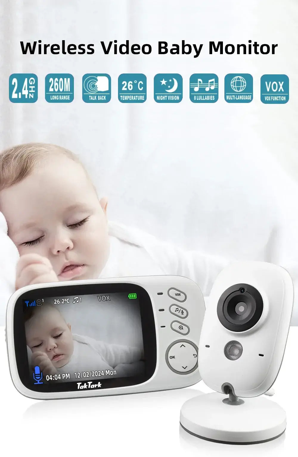 TakTark 3,2 Zoll Wireless Video Baby Monitor Auto Nachtsicht Zwei-Weg Intercom Temperatur Überwachung Überwachung Kamera Nanny