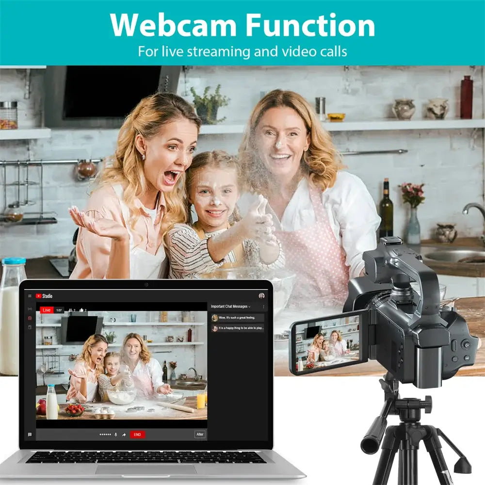 Cámara de vídeo 4K, videocámara de 64 MP para transmisión en vivo de YouTube, grabadora de vlogs digital con pantalla táctil giratoria de 4.0", cámara web con enfoque automático WIFI de 18X