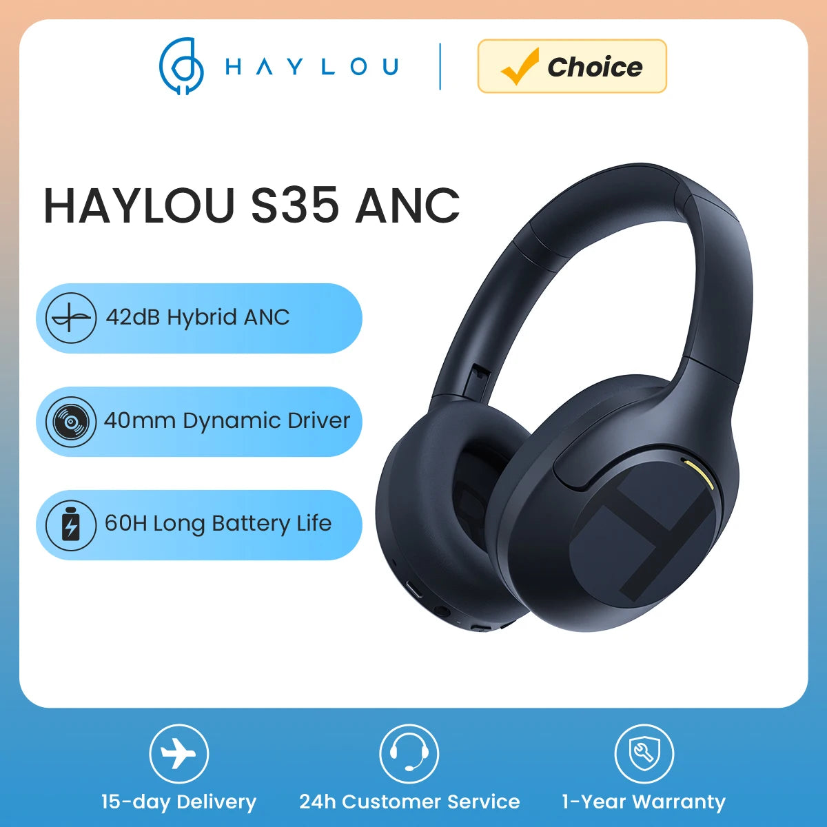 HAYLOU S35 ANC Kabellose Kopfhörer Over-Ear 42 dB ANC-Kopfhörer Bluetooth 5.2 40 mm dynamischer Treiber 60 Stunden Akkulaufzeit Ohrhörer