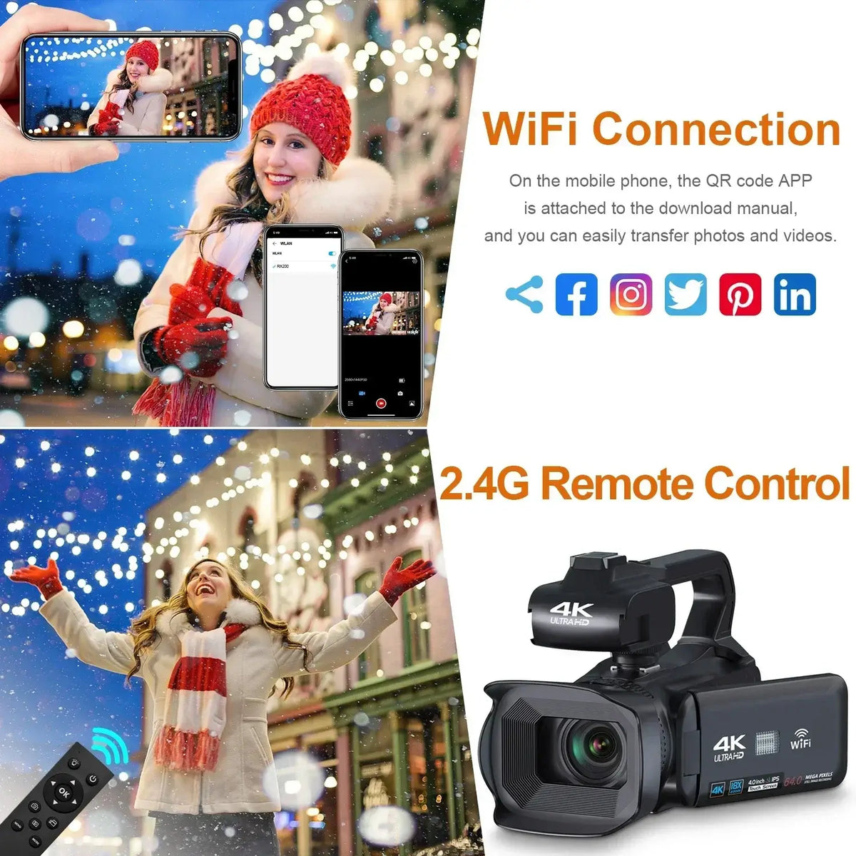 4K Professionelle Videokameras für Fotografie 64MP Ultra HD 18X Digitalzoom Camcorder YouTube Live-Streaming Vlog Recorder