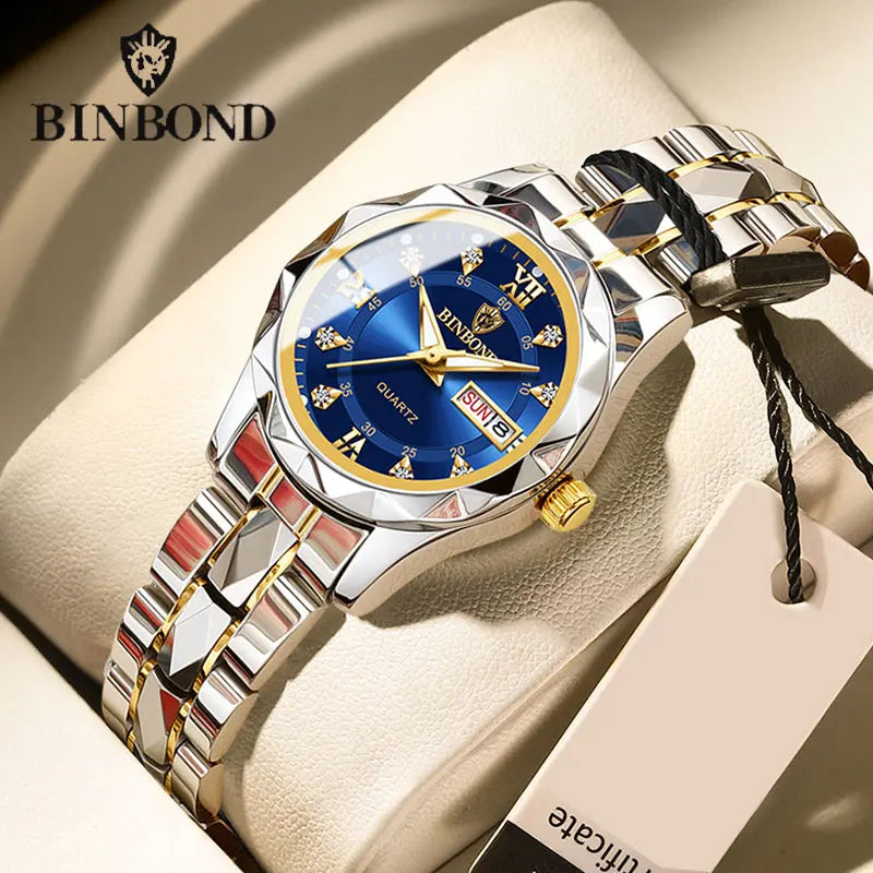 BINBOND B2521 Reloj de cuarzo de lujo de primera marca para mujer, resistente al agua hasta 30 m, con fecha y semana, deportivo, para negocios y negocios