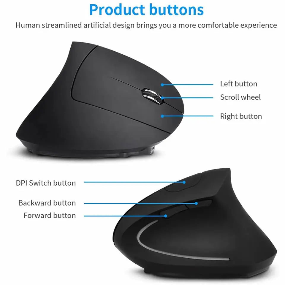 Ratón ergonómico vertical para juegos, inalámbrico, recargable, óptico, 2,4 G, para ordenador, portátil, de escritorio, USB