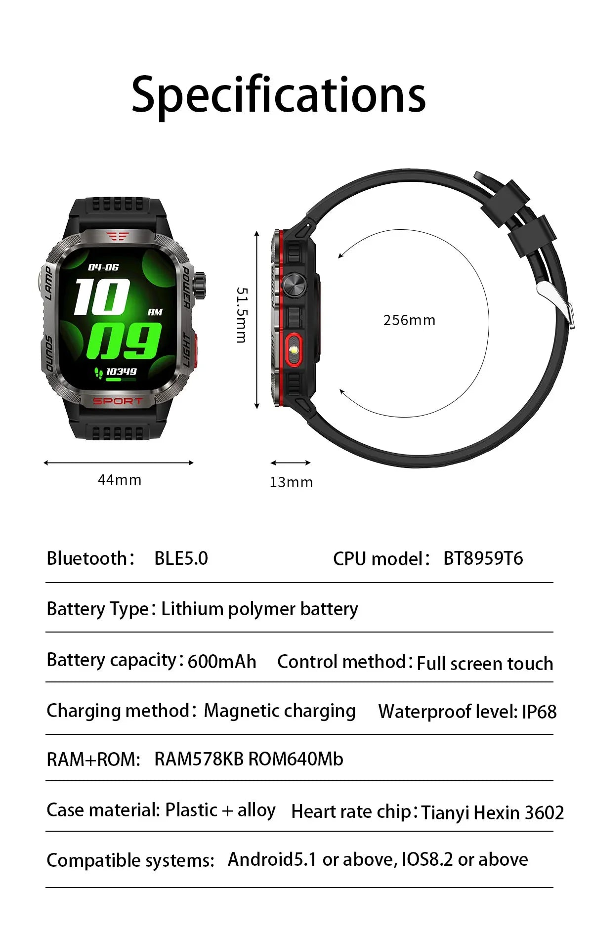 Neue 2,01-Zoll-Smartwatch für Herren im Freien, 3ATM wasserdicht, 600 mAh-Batterie, Kompass, LED-Taschenlampe, Bluetooth-Anruf, Smartwatch für Xiaomi