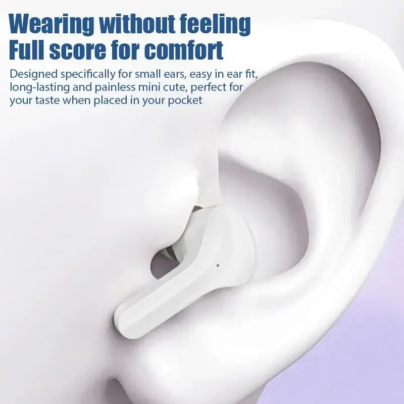 True wireless Bluetooth earphone designed for comfort in small ears, featuring a sleek, mini design for easy carrying.