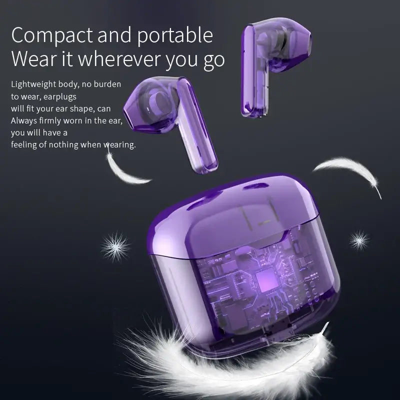 Compact and portable CB&JBL J225 TWS wireless earphones in transparent case, showcasing lightweight design and comfort.