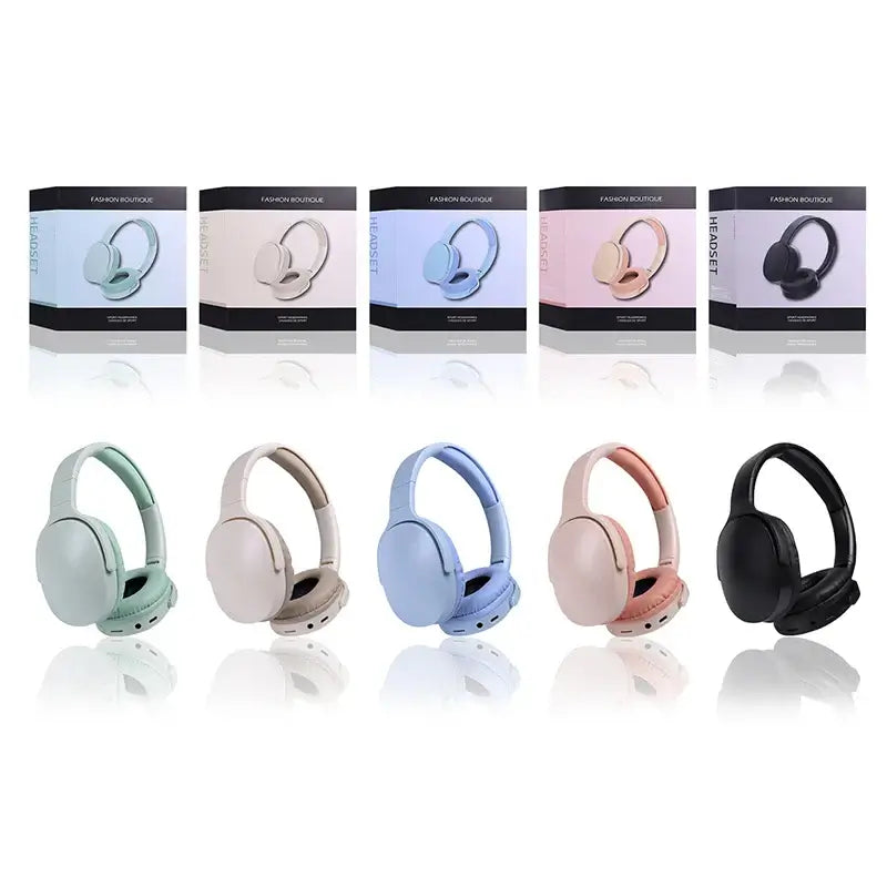 Xiaomi wireless headphones in various colors displayed with packaging, showcasing Bluetooth 5.3 design and style options.