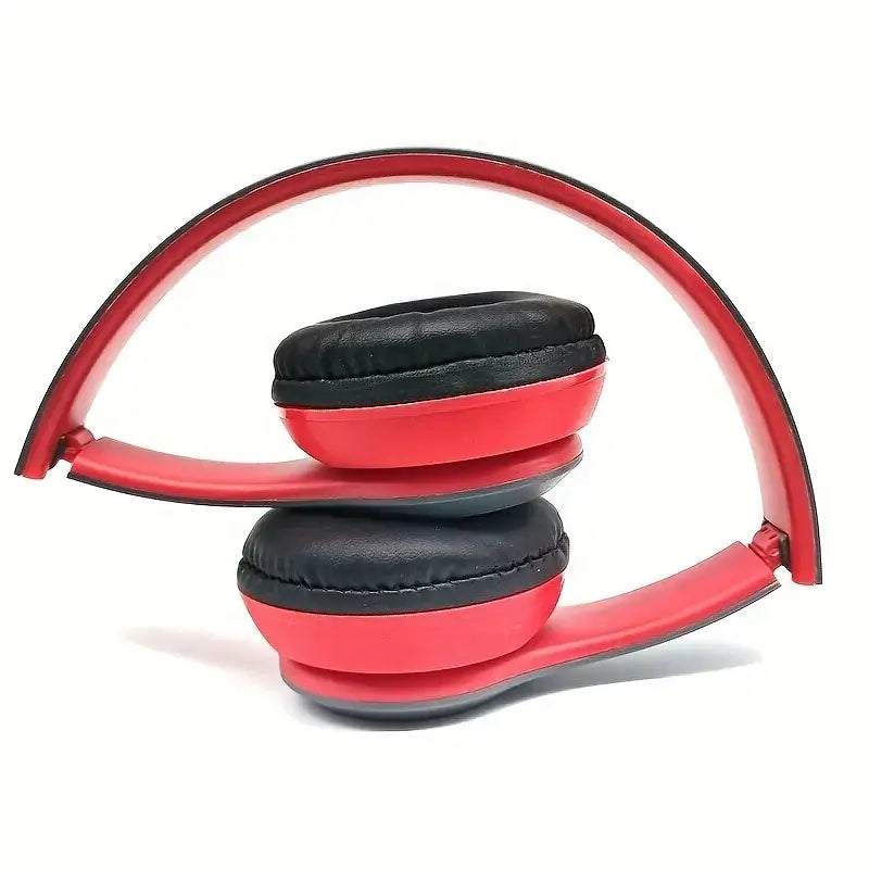 Foldable Bluetooth 5.0 wireless headphones in red and black, featuring cushioned ear cups and a sleek design.