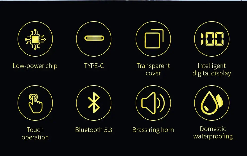 Features of CB&JBL J225 TWS wireless earphones including low-power chip, Type-C, Bluetooth 5.3, and touch operation icons.