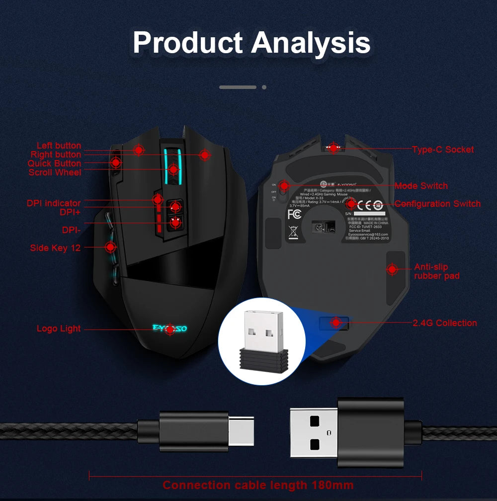 E-YOOSO X-33 RGB USB 2.4G Wireless Gaming Mouse 16000 DPI 16 Buttons Programmable Game Optical Mice for Computer PC Laptop