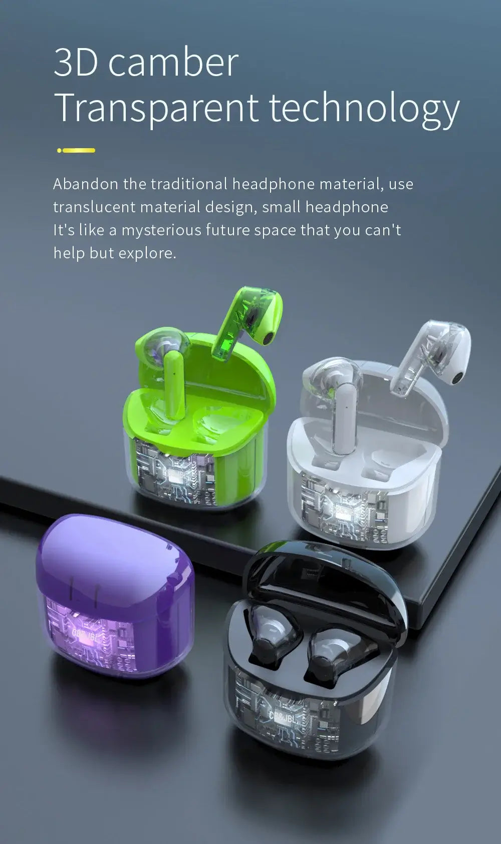 3D camber transparent technology earphones in green, white, purple, and black with a unique design on a sleek surface.