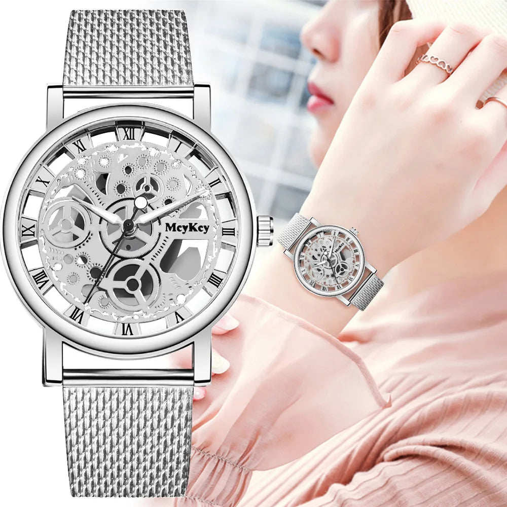 Neue Mode Top Frauen Hohl Skeleton Faux Mechanische Uhr Damen Metall Mesh Quarz Armbanduhren Für Weibliche Relogio Feminino