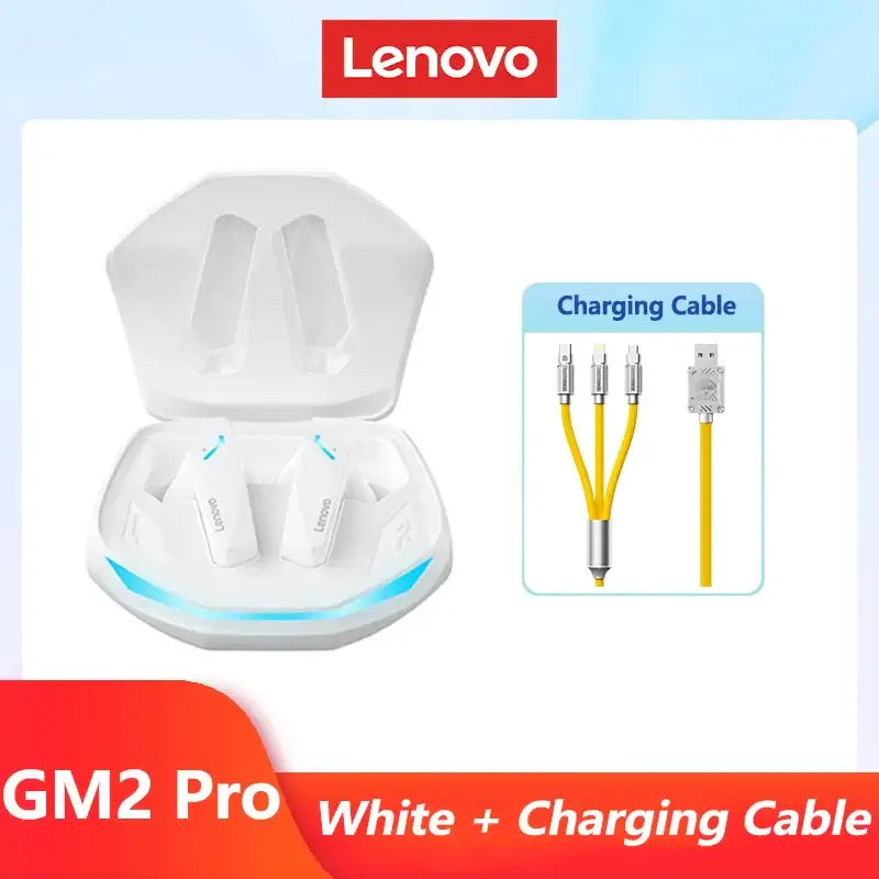 Original Lenovo GM2 Pro wireless earphones in white with charging cable, showcasing in-ear design and compact case.