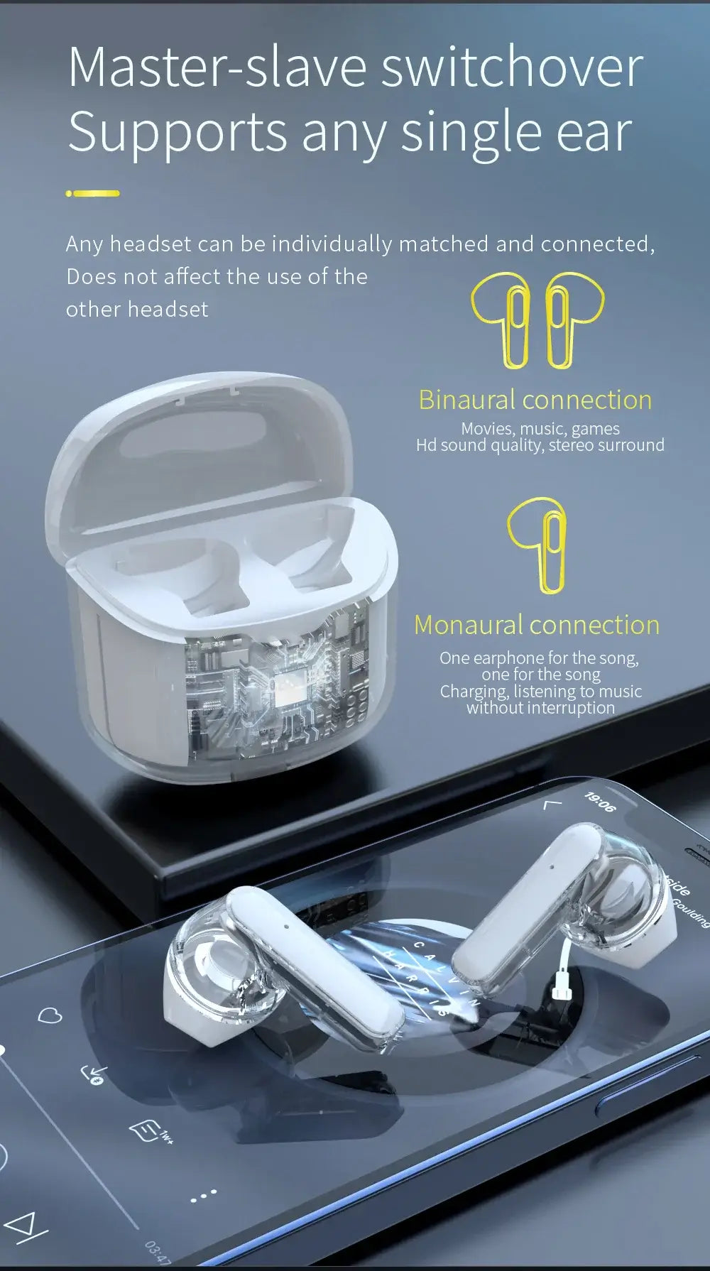 Master-slave switchover image showcasing wireless earphones with bi- and monoaural connection options displayed on a smartphone.