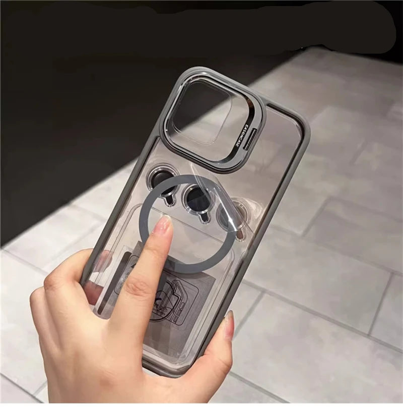 For iPhone 15 Pro Max Luxury Magsafe Magnetic Lens Holder Stand Phone Case For iPhone 12 13 14 15 16 Plus Clean Protective Cover