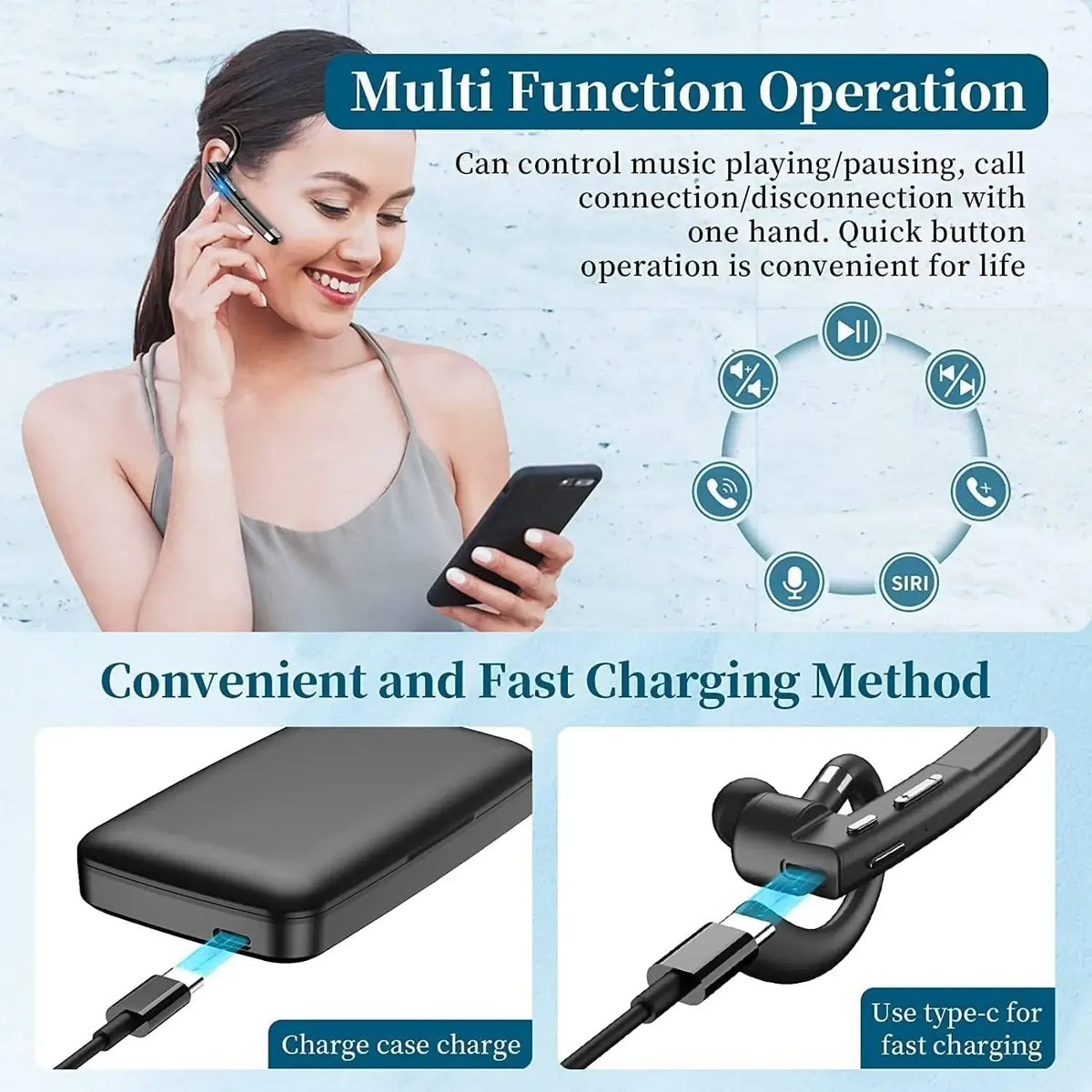 Woman using Bluetooth earphones with a charging case, showcasing multi-function operation and convenience for music control.