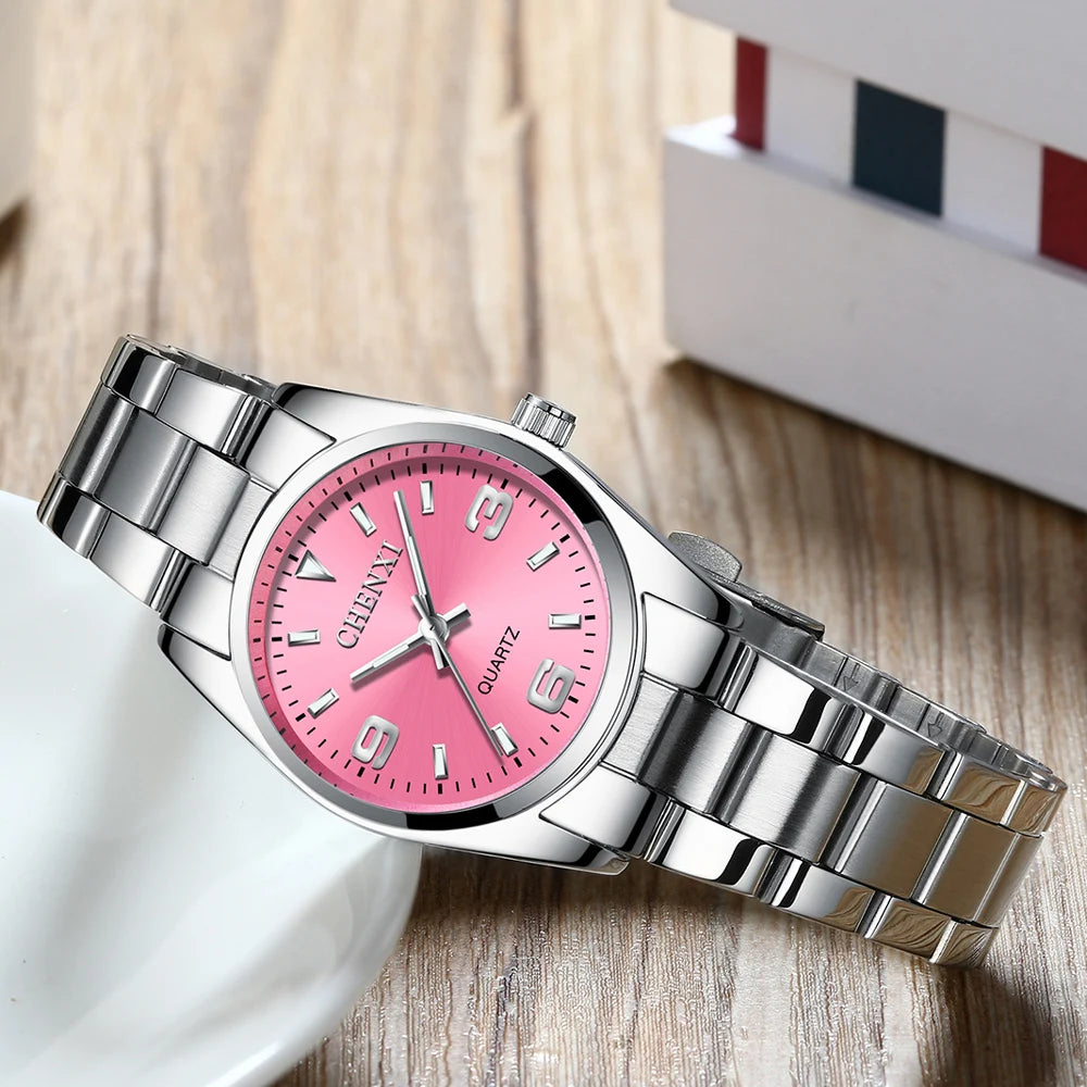 CHENXI Relojes de moda para mujer Reloj de cuarzo de alta calidad Elegante vestido de mujer Relojes de pulsera de acero inoxidable Esfera blanca