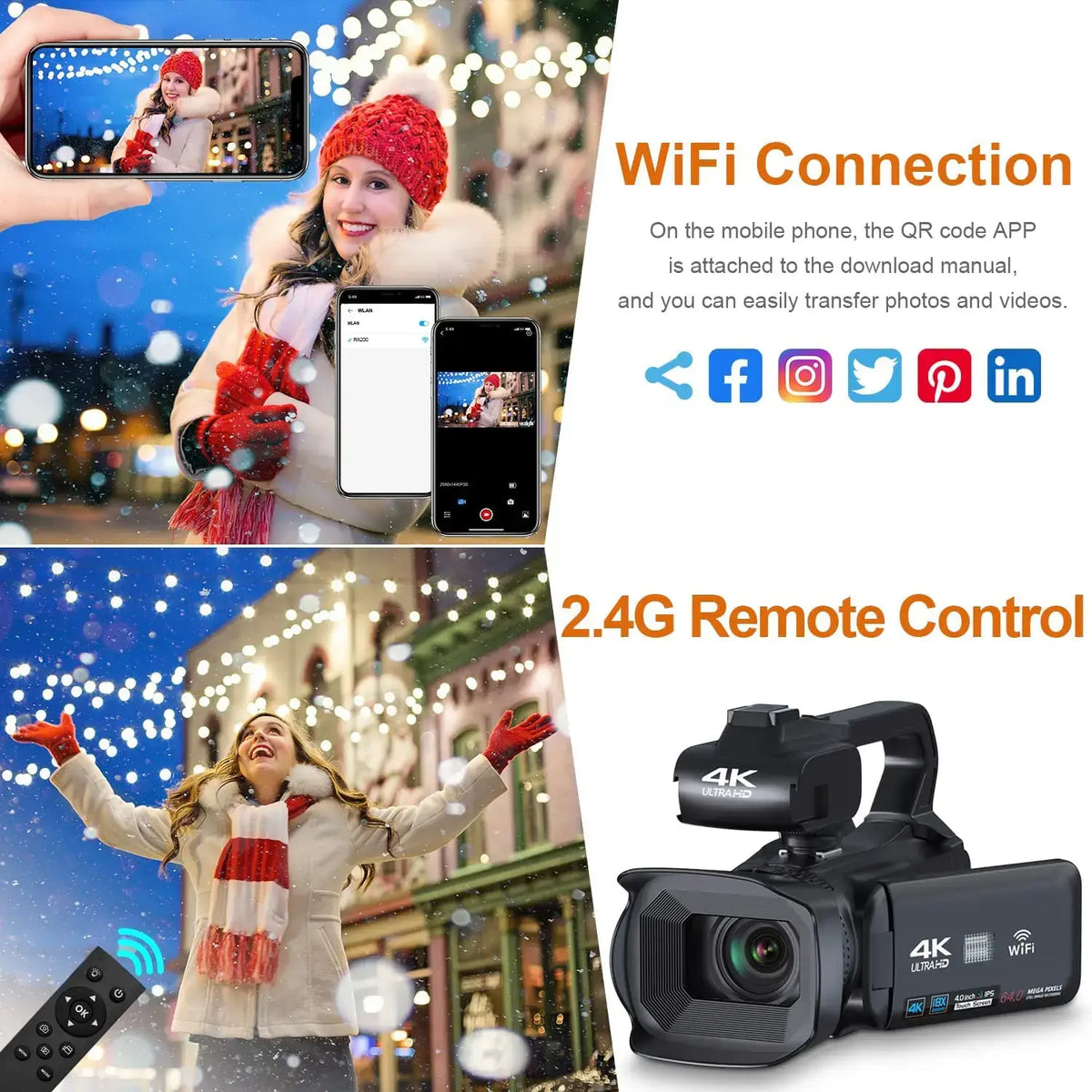 WIFI-Camcorder, 4K-Videokamera, 64 MP, 60 FPS, HD, Autofokus, Vlogging, 4,0-Zoll-Touchscreen, 18-facher Zoom für Live-Streaming