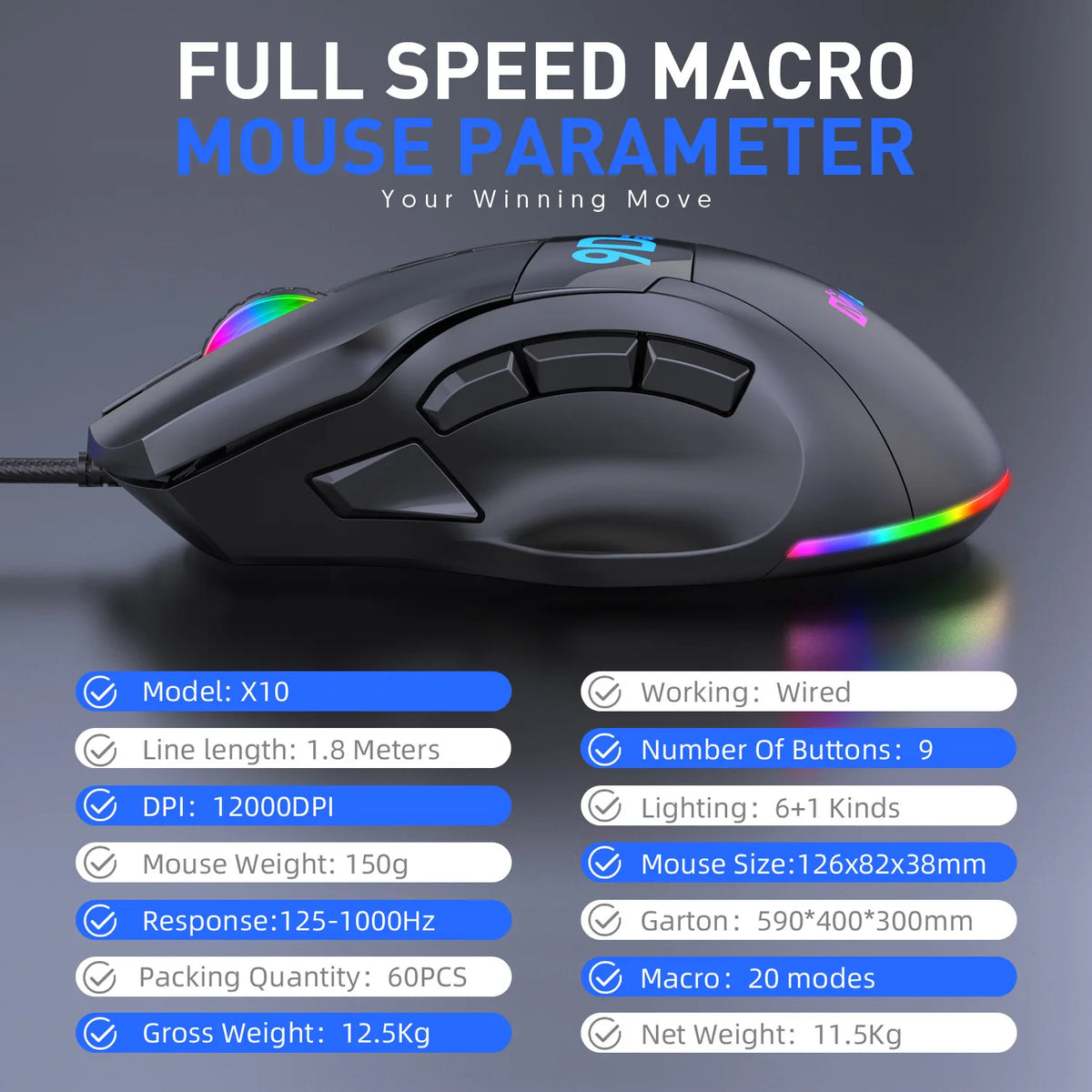 12000DPI Makro RGB Gaming-Maus 9 Programmierbare Tasten Spielmaus RGB-Licht Max bis 6 Stufen Für PC Mac Gun PUBG Laptop