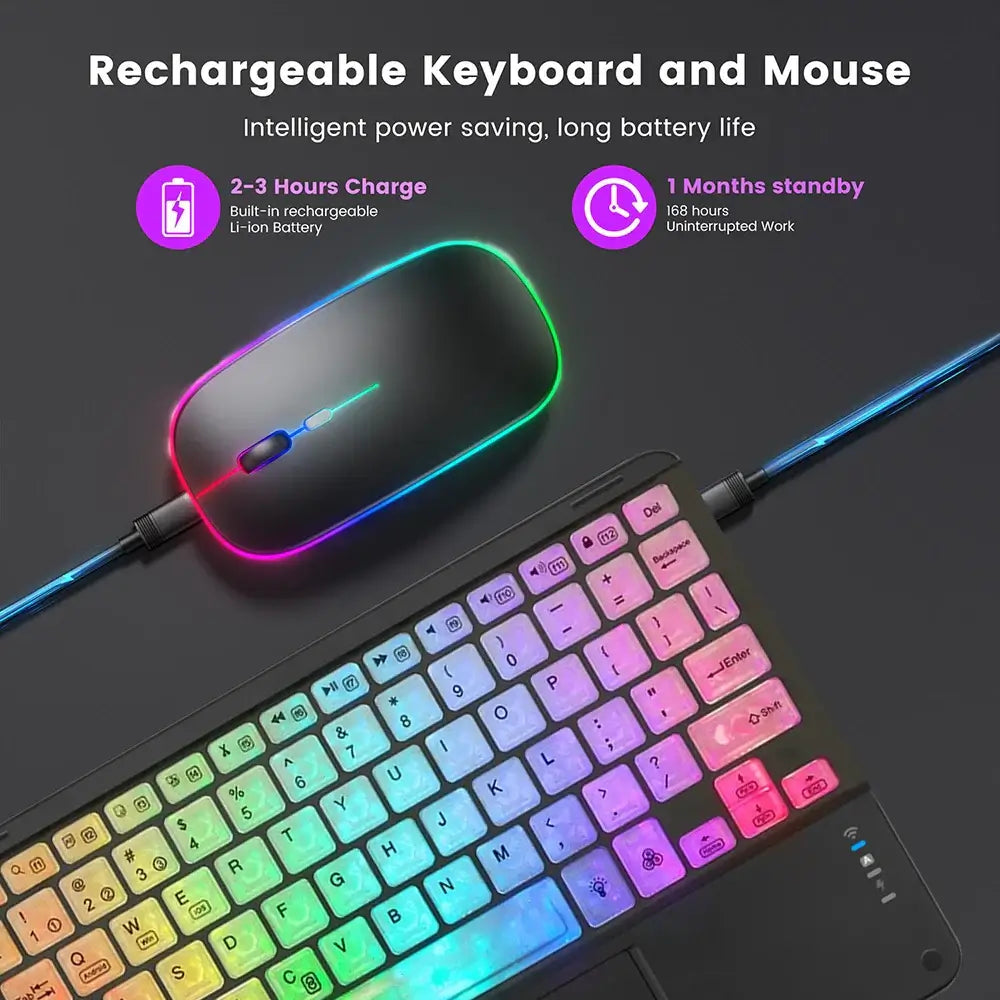 10-Zoll-RGB-Bluetooth-Tastatur mit Hintergrundbeleuchtung, kabellose Mini-Maus für spanische und russische Tastatur, wiederaufladbare RGB-Tastaturmaus mit Hintergrundbeleuchtung