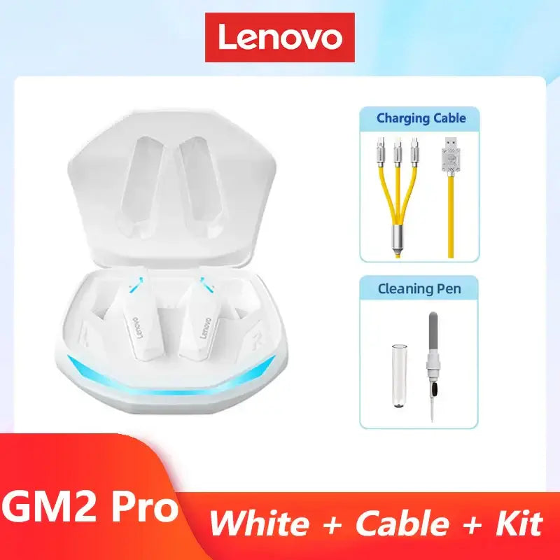 Lenovo GM2 Pro wireless earbuds kit with charging cable and cleaning pen in white design.