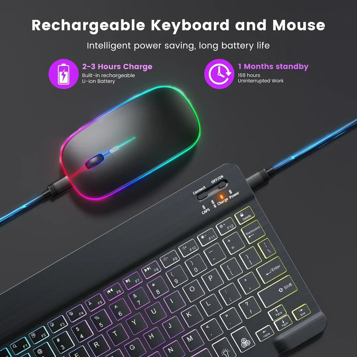 10-Zoll-RGB-Bluetooth-Tastatur mit Hintergrundbeleuchtung, kabellose Mini-Maus für spanische und russische Tastatur, wiederaufladbare RGB-Tastaturmaus mit Hintergrundbeleuchtung