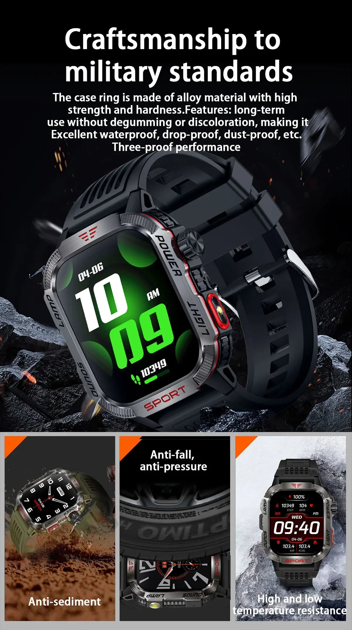 Neue 2,01-Zoll-Smartwatch für Herren im Freien, 3ATM wasserdicht, 600 mAh-Batterie, Kompass, LED-Taschenlampe, Bluetooth-Anruf, Smartwatch für Xiaomi