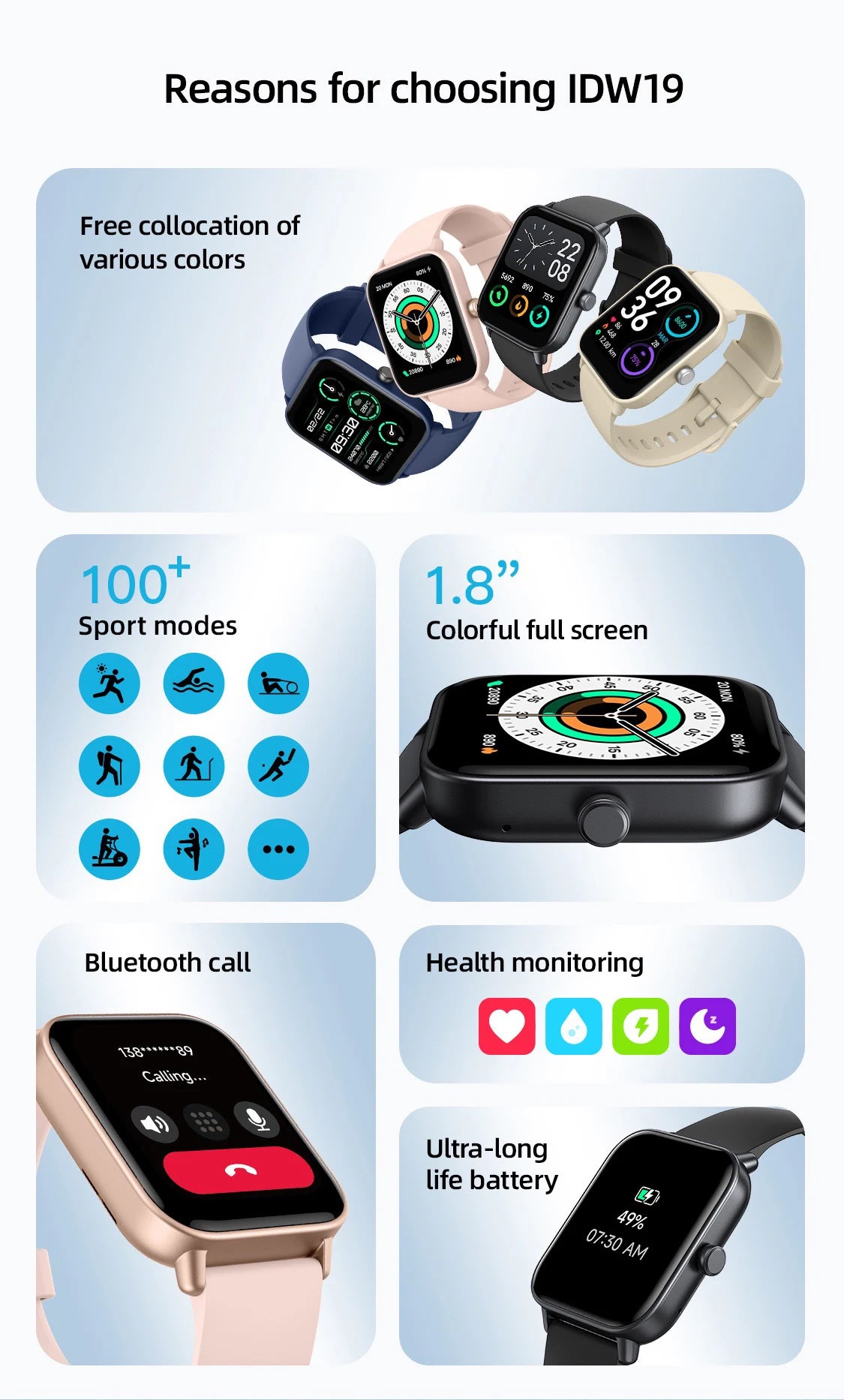 Build-in Alexa Smart Watch IDW19 2023 New For Man Woman 5ATM IP68 Waterproof Bluetooth Call Stress Test Blood Oxygen Heart Rate