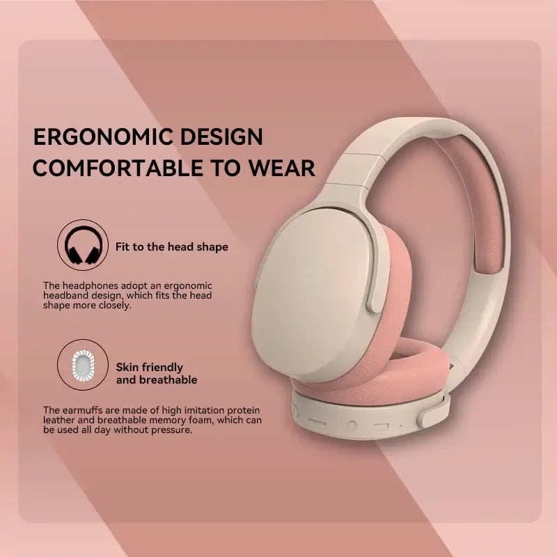 Ergonomic wireless headphones shown with features emphasizing comfort and fit for all-day wear.