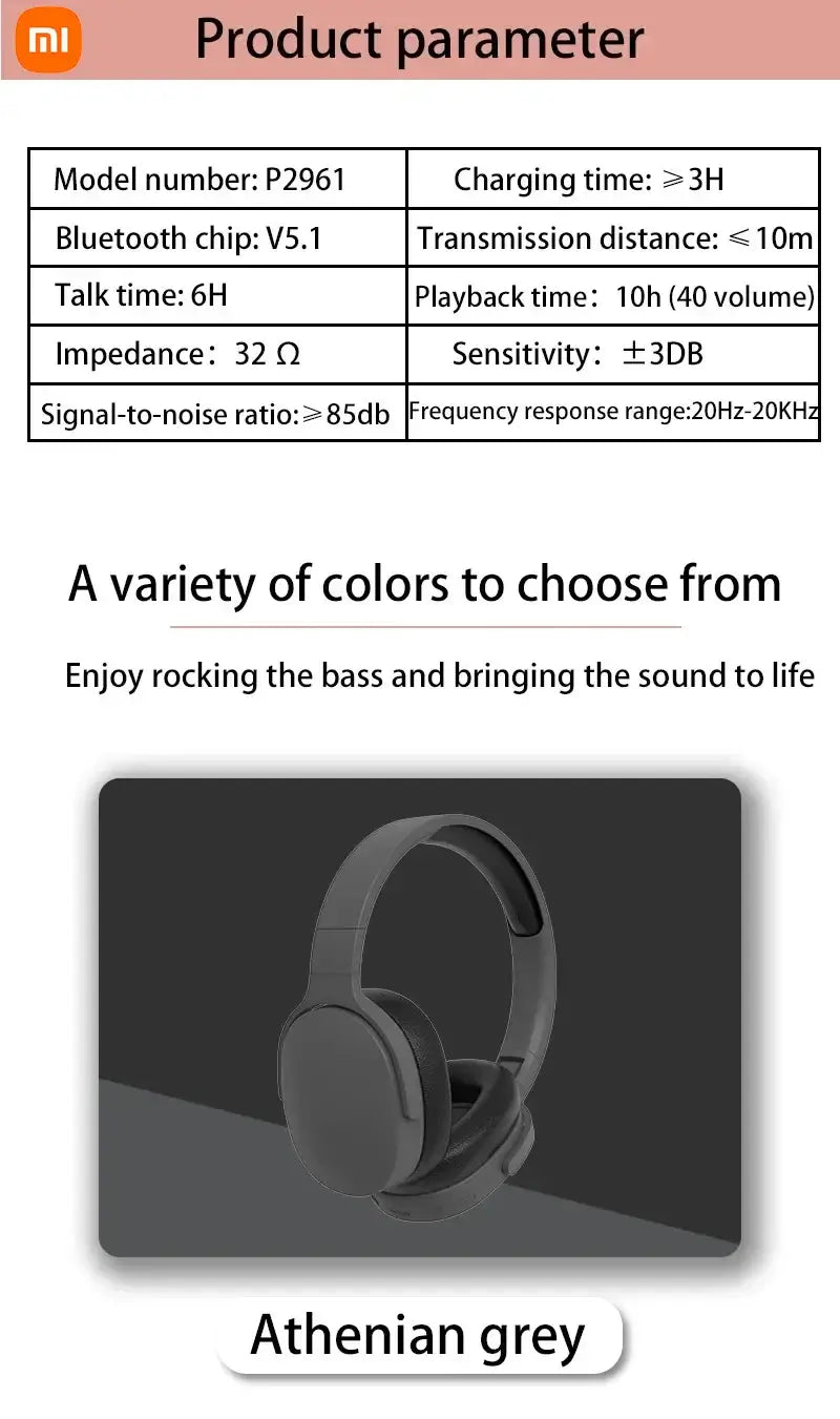 Xiaomi P2961 wireless earphone specifications in Athenian grey color, featuring dynamic sound and Bluetooth V5.1 technology.