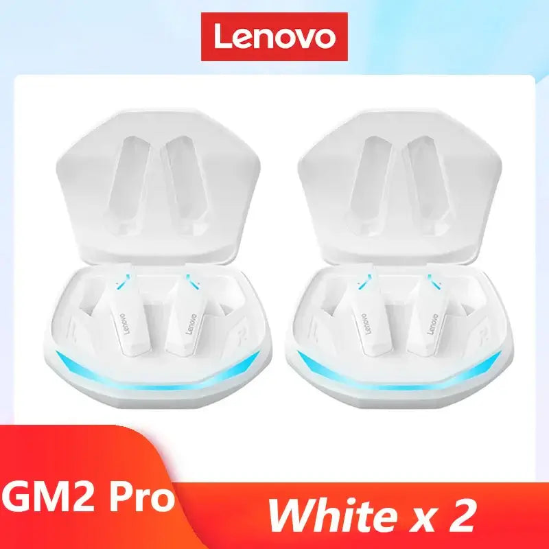 Original Lenovo GM2 Pro wireless earphones in white with charging case. Dual mode, low latency, and dynamic sound.