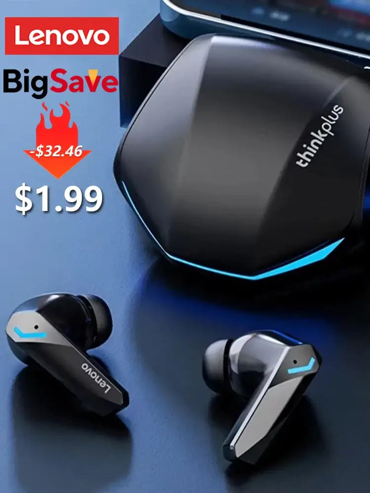 Lenovo Thinkplus wireless earbuds on a sleek surface, showcasing a promotional price of $1.99.