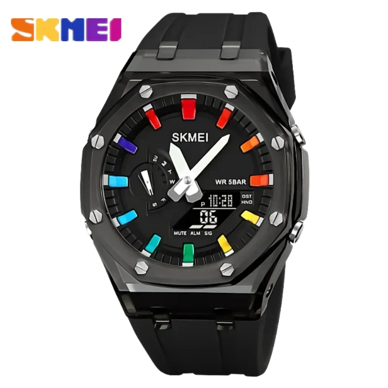 SKMEI Reloj de hombre resistente al agua con cronómetro y cuenta atrás, luz LED, movimiento electrónico, reloj de pulsera con 5 alarmas, 2 relojes digitales de tiempo 2100