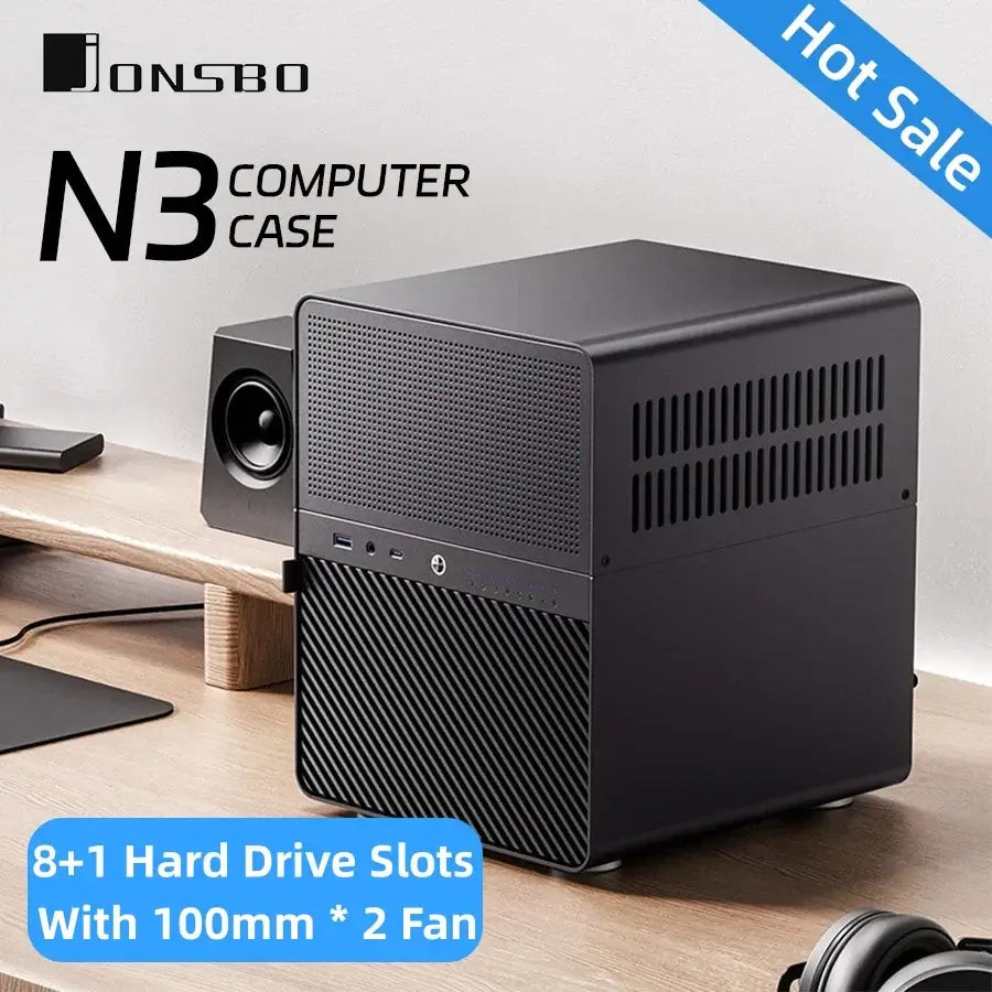 JONSBO N3 NAS Mini-Gehäuse All-In-One-ITX-Aluminiumgehäuse, Unterstützung für 8 Festplatten, 130 mm CPU-Kühler, 250 mm Grafikkarte mit 100 mm * 2 Lüftern