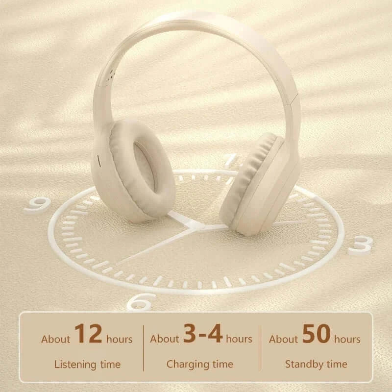 Wireless earphones on a clock showing 12 hours listening time, 3-4 hours charging, and 50 hours standby time.