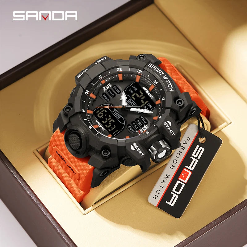 SANDA Reloj electrónico de lujo estilo G para hombre, para deportes al aire libre, LED, analógico, digital, cronógrafo, militar, pantalla dual, resistente al agua hasta 50 m