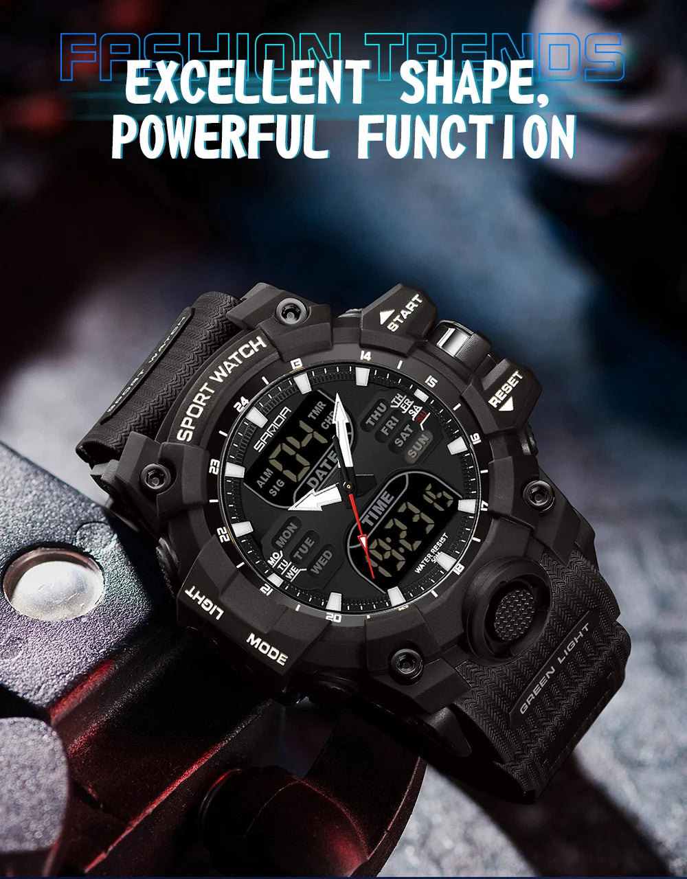 SANDA Reloj electrónico de lujo estilo G para hombre, para deportes al aire libre, LED, analógico, digital, cronógrafo, militar, pantalla dual, resistente al agua hasta 50 m