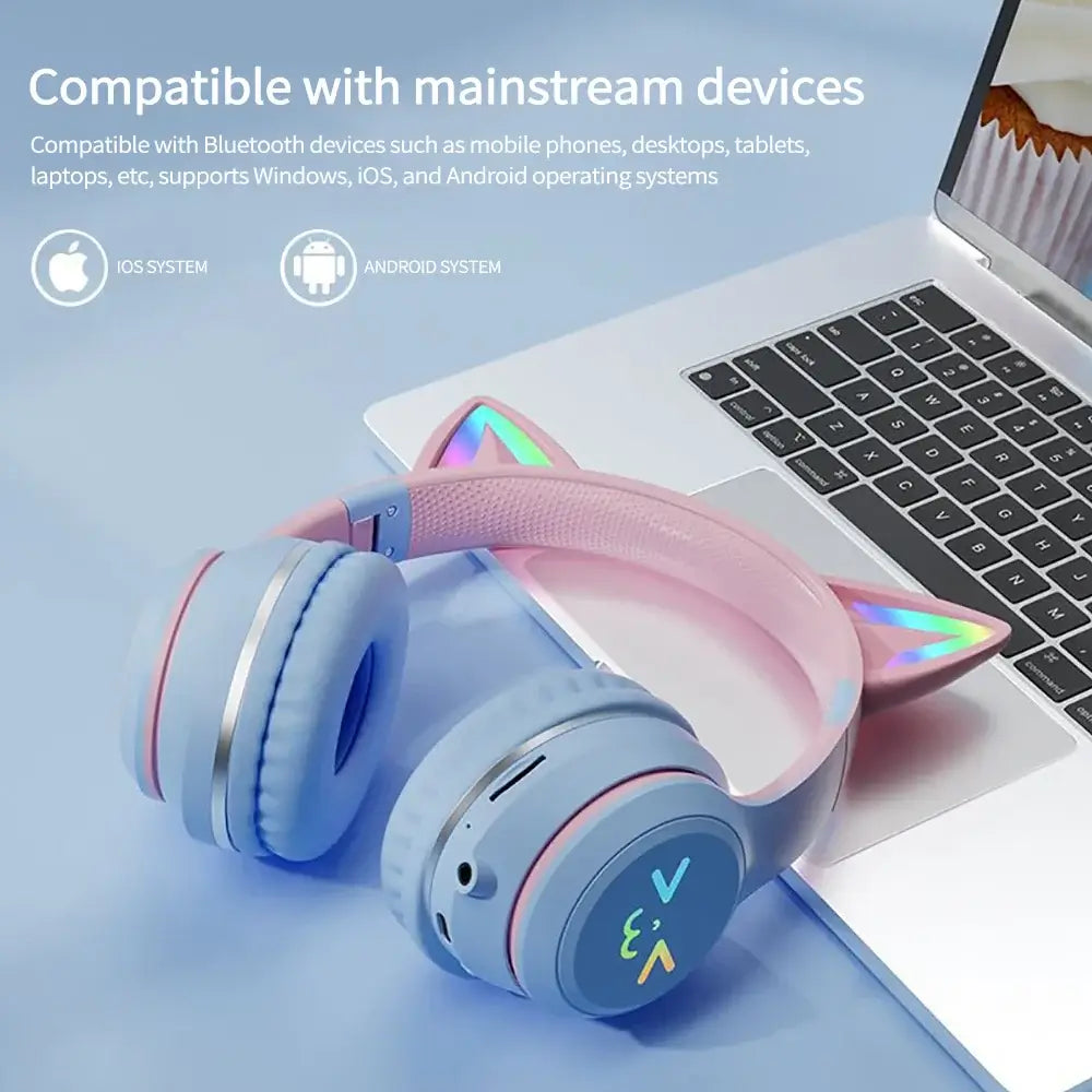 Gradient wireless Headphones RGB cute cat ear Bluetooth Earphones with microphone Stereo Music Game Earphone Girls Kids Gifts