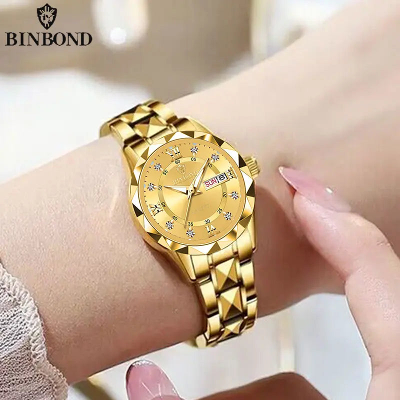 BINBOND B2521 Reloj de cuarzo de lujo de primera marca para mujer, resistente al agua hasta 30 m, con fecha y semana, deportivo, para negocios y negocios