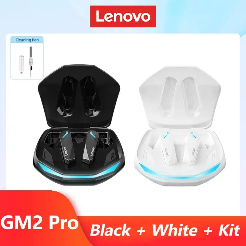 Original Lenovo GM2 Pro earphones in black and white charging case with cleaning pen included.