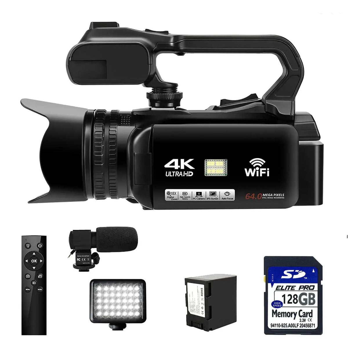 WIFI-Camcorder, 4K-Videokamera, 64 MP, 60 FPS, HD, Autofokus, Vlogging, 4,0-Zoll-Touchscreen, 18-facher Zoom für Live-Streaming