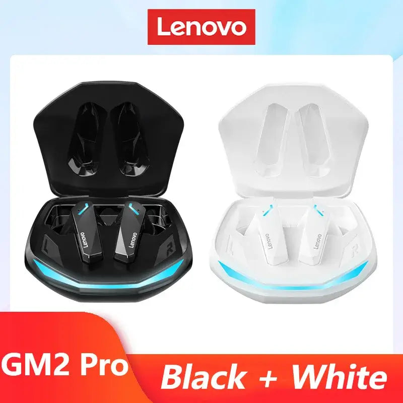 Lenovo GM2 Pro wireless earbuds charging case in black and white design with LED indicators.