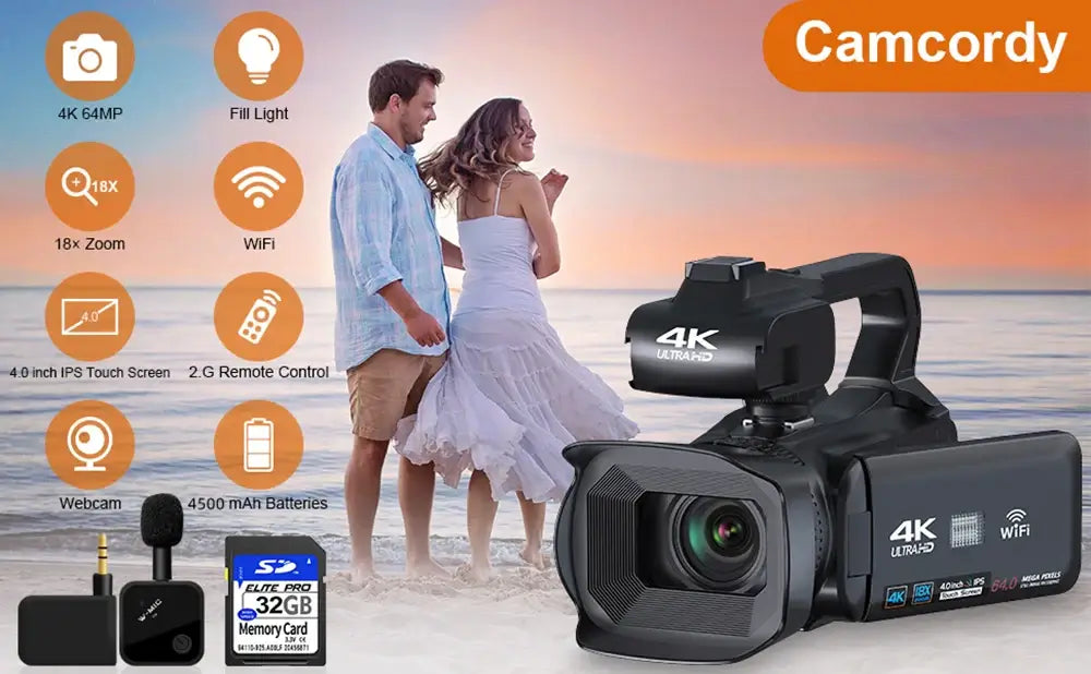 Cámara de vídeo 4K, videocámara de 64 MP para transmisión en vivo de YouTube, grabadora de vlogs digital con pantalla táctil giratoria de 4.0", cámara web con enfoque automático WIFI de 18X