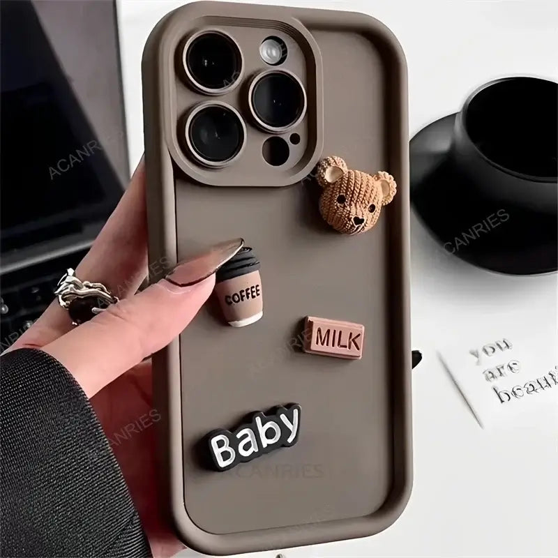 Cute 3D Bear Coffee Cartoon Silicone Case For Iphone 15 12 11 13 14 Pro Max 7 8 Plus X Xs Xr 15pro 14pro 15plus Soft Matte Cover