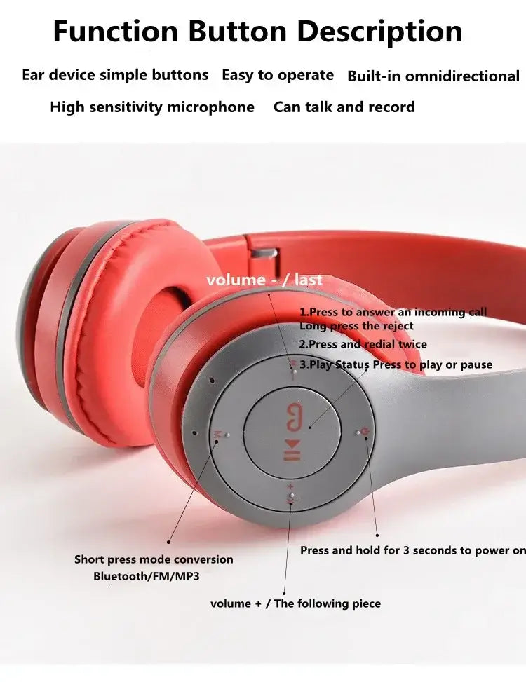 Function button description for Bluetooth headphones highlighting controls, volume adjustment, and microphone features.